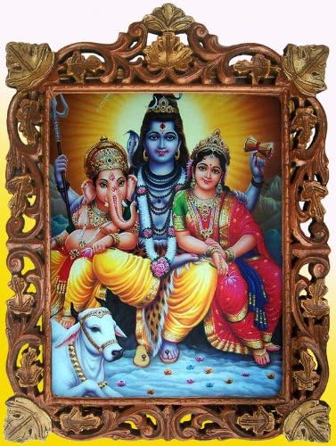 Shiva Parvati Ganesha& Tehén Posztert, Festményt, a Fa Kézműves Keret, Kézműves, Művészeti