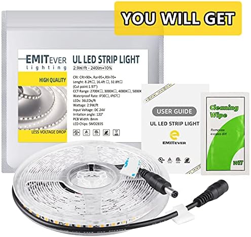 EMITEVER LED Szalag Világítás 3000K, UL 24V LED Szalag Meleg Fehér Fény, Ra 95+, IP30, 8.2 ft, 2.9 M/ft, 240+Lumen/ft, 300LEDS/Spool,