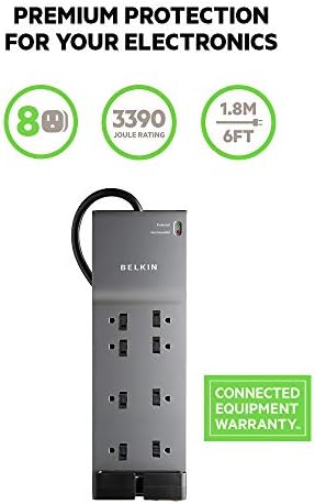 Belkin túlfeszültségvédő elosztó, 8 Üzletek, 6 ft(3,550 Joule) & 6-Dugaszolóaljzat USB-túlfeszültségvédő, Fali - Ideális