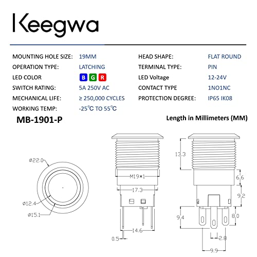 Keegwa (2 DB) 19mm Reteszelés Nyomógomb Kapcsoló Ezüst Rozsdamentes Acél Fém Gyűrű LED Vezeték Csatlakozó Dugó én-Zár 12V-24V