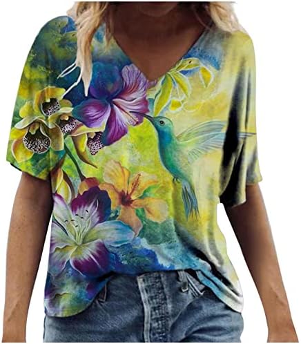 Nyári Felsők Női Nyakkendő Festék T-Shirt Virágos Nyomtatott Rövid Ujjú, V-Nyakú Alkalmi Laza Póló,